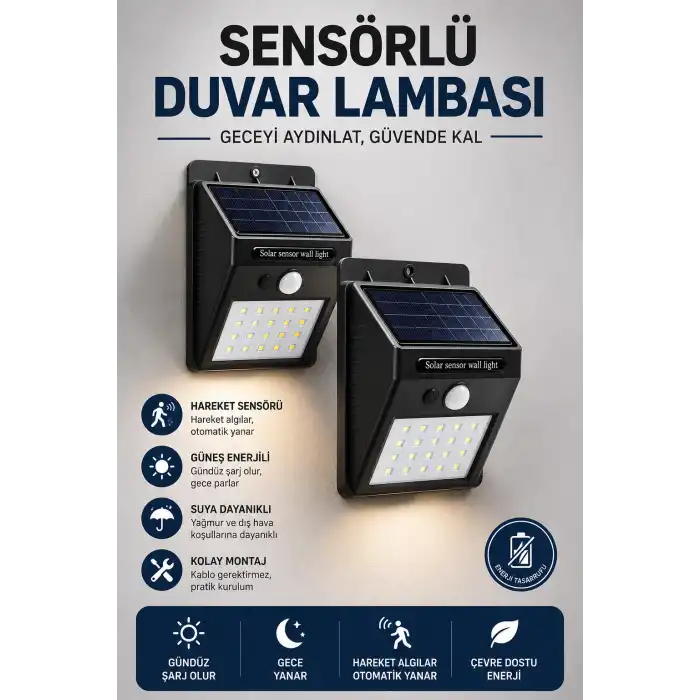 Solar Sensörlü Duvar Lambası Bahçe Lamba 20 Led Işık