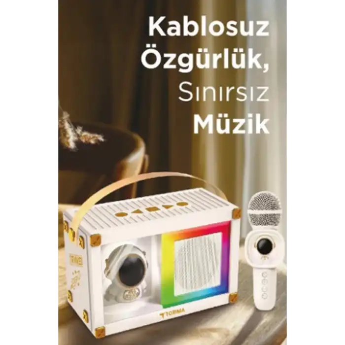 Taşınabilir Rgb Işılı Sevimli Figürlü Mikrofonlu Karaoke Bluetooth Hoparlör Krem
