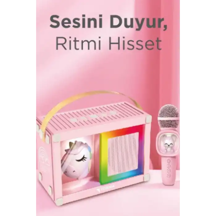 Taşınabilir Rgb Işılı Sevimli Figürlü Mikrofonlu Karaoke Bluetooth Hoparlör Pembe