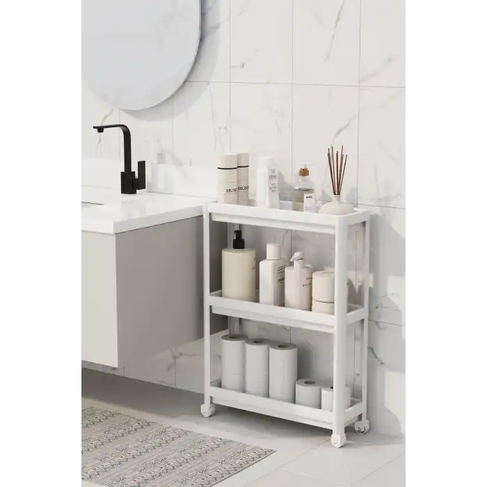 Tekerlekli 3 Katlı Çok Amaçlı Raf Ünitesi - Banyo Mutfak Düzenleyici Organizer Raf