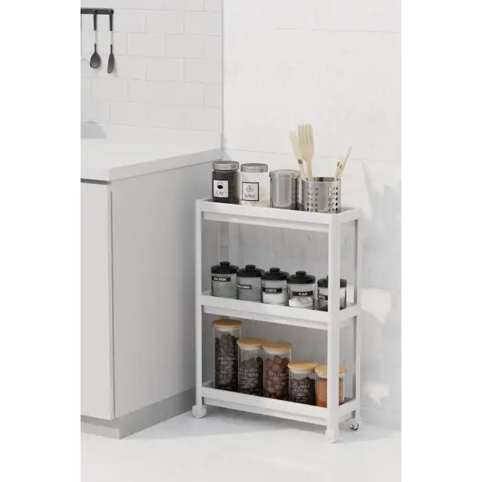 Tekerlekli 3 Katlı Çok Amaçlı Raf Ünitesi - Banyo Mutfak Düzenleyici Organizer Raf