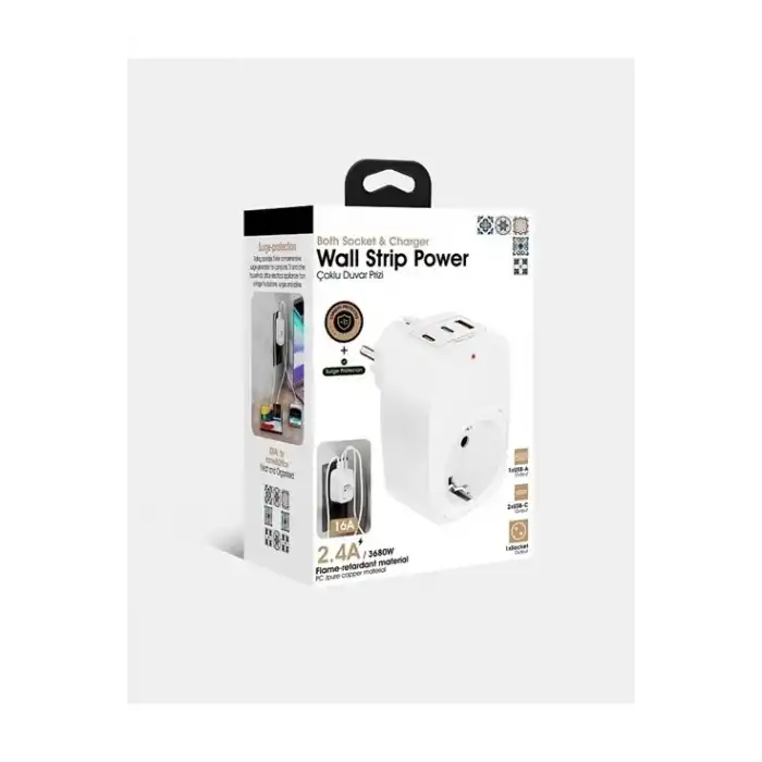 Tekli Yüksek Voltaj Korumalı Duvar Prizi 2x Type-c 1x Usb Çıkışlı Priz Grup Priz Çoğaltıcı Beyaz