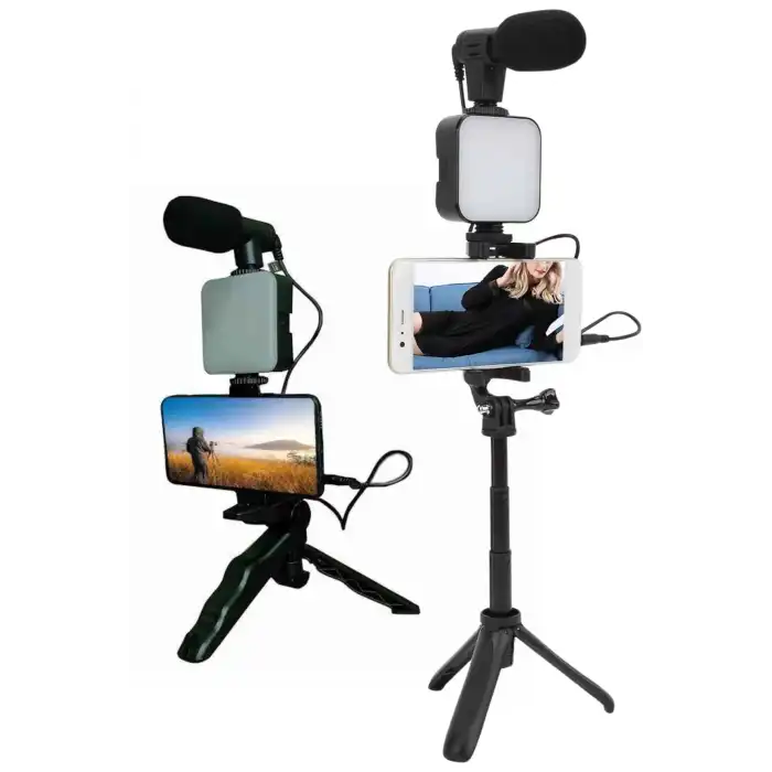 Telefon Tutucu Led Işıklı Kumandalı Mikrofon Telefon Vlog Video Kayıt