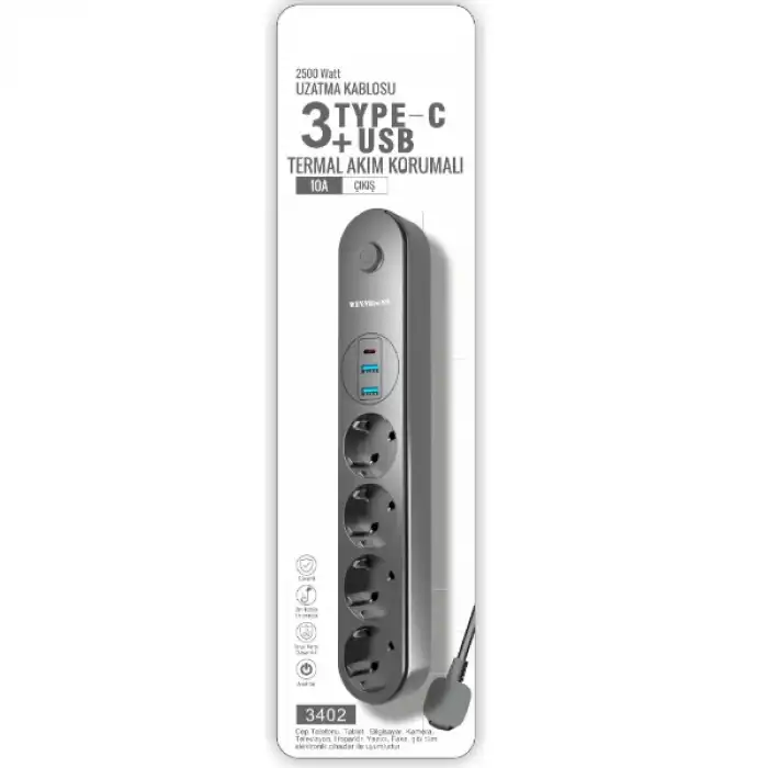 Termal Akım Korumalı 4 Prizli USB Girişli Uzatma Kablosu