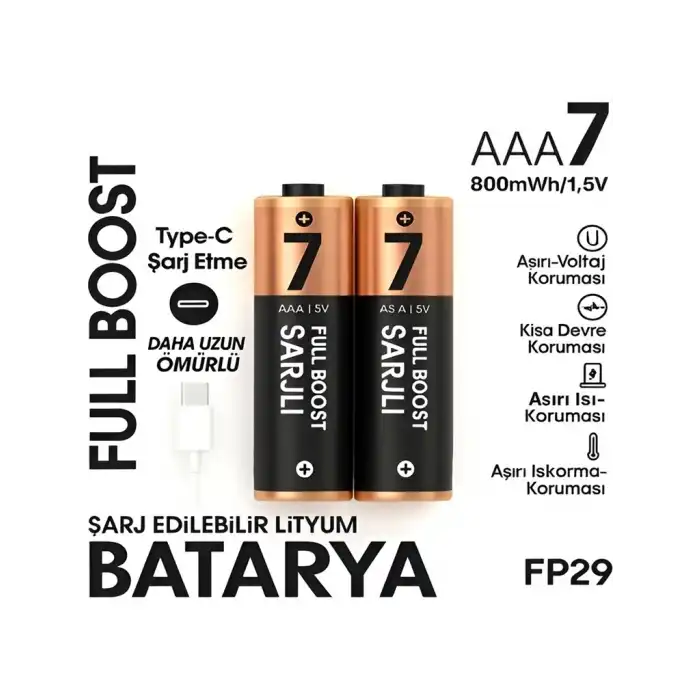 Type-c Şarjlı 800mwh 1.5v Şarj Edilebilir 2’li Aaa İnce Pil - Lityum Iyon Batarya