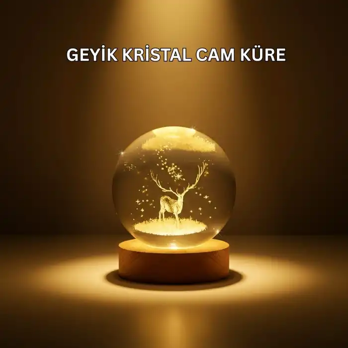 Usb Bağlantılı Geyik Temalı Kristal Küre Premium Masa Gece Lambası
