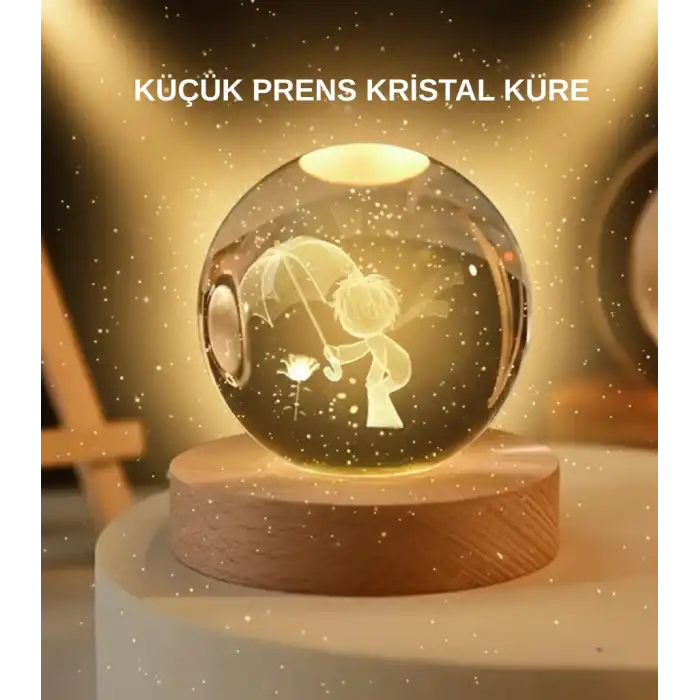 USB LED 3D Küçük Prens Kristal Küre Ahşap Standlı Gece Lambası