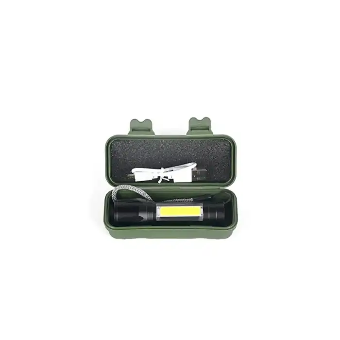 USB Şarjlı Zoomlu Mini El Feneri Q5 Güçlü Işık Yan COB LED SOS Mod Kutulu Şarj Kablolu Set