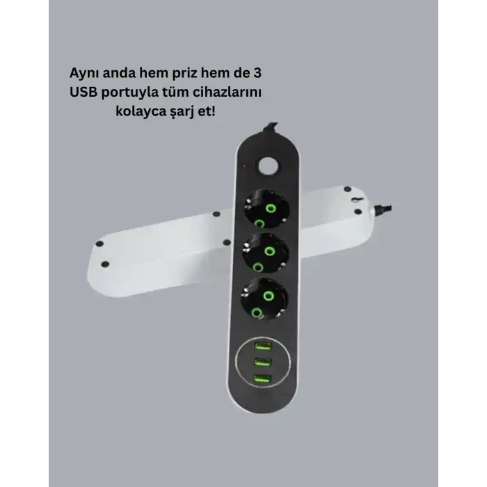 USB Yuvalı Anahtarlı Üçlü Priz 2 Metre Kablolu