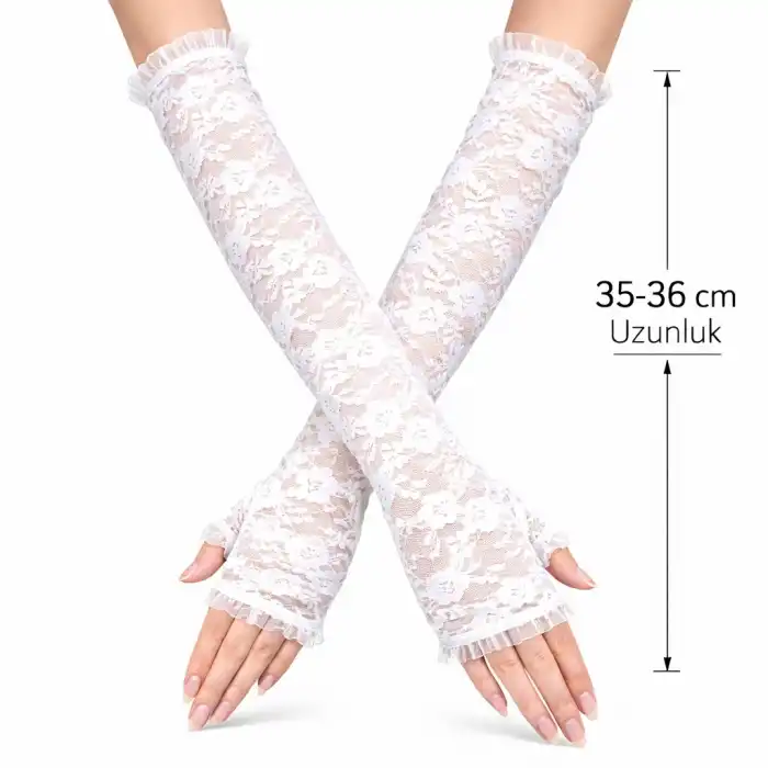 Uzun Zarif Dantel Eldiven Parmaksız Beyaz 35 cm