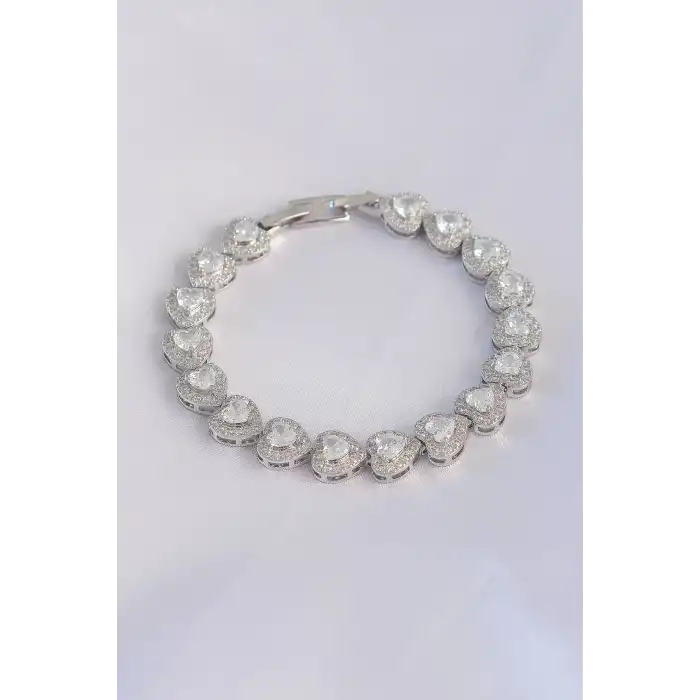 Vip Seri Pirinç Zirkon Taşlı Gümüş Renk Kalp Model Bileklik