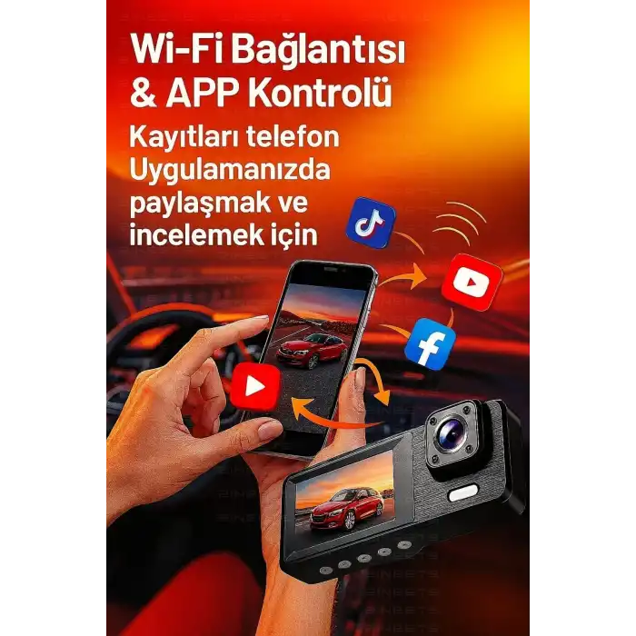 Wifi 1080p Araç içi 3 Kameralı Lcd Ekranlı Gece Görüşlü , G-sensör , Geri Görüş Kamera