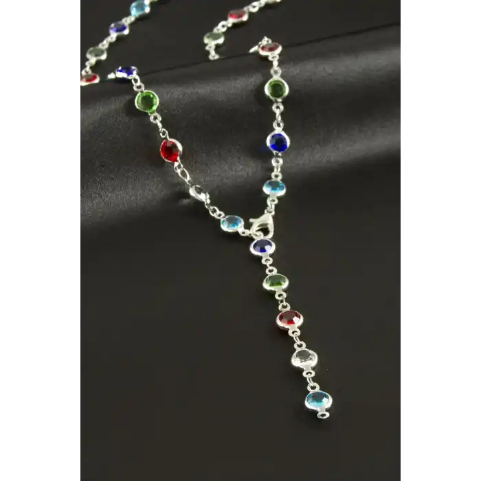 Yuvarlak Zirkon Taşlı Çelik Y Kolye