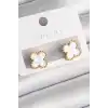 316L Çelik Gold Renk Beyaz Minelik Yonca Model Kadın Küpe