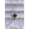 316L Çelik Gold Renk Siyah Mineli Zirkon Taşlı Yonca Figürlü Kolye