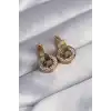 316L Çelik Gold Renk Zirkon Taşlı İç İçe Geçmeli Oval Küpe