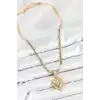316L Çelik Zirkon Taşlı Kalp Model Gold Renk Kadın Kolye