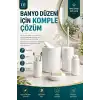 Çizgili Desenli Beyaz 5 Parça Banyo Seti Sıvı Sabunluk Sabunluk ve Diş Fırçalık