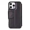 Apple iPhone 16 Pro Max uyumlu, Hakiki Deri, El Yapımı, Cüzdanlı Kılıf, Parlak Siyah