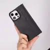 Apple iPhone 16 Pro Max uyumlu, Hakiki Deri, El Yapımı, Cüzdanlı Kılıf, Parlak Siyah