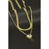 Kalp Zirkon Taşlı Çelik İkili Kolye