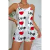 Love Desenli Beyaz Saten Şortlu Gecelik Takım