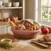 Oval Renkli Bezli İp Hasır Ekmek Sepeti