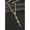 Oval Şerit Taşlı Çelik Y Kolye