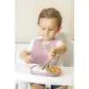 Pembe 3’lü Silikon Yemek Seti – Önlük + Diş Kaşıyıcılı Kaşık + Vakumlu Tabak