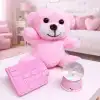 Pembe Peluş Ayıcık, Kar Küresi Ve Pembe Çikolata Not Defteri Hediye Seti