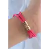 Pembe Renk Zirkon Taşlı Deri Çoklu Bileklik