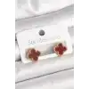 Pirinç Gold Renk Bordo Yonca Model Kadın Küpe