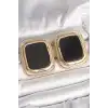 Pirinç Gold Renk Siyah Mineli Kare Model Kadın Küpe