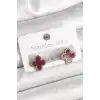 Pirinç Gümüş Renk Bordo Yonca Model Kadın Küpe