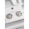 Pirinç Gümüş Renk Zirkon Taşlı Yonca Model Kadın Küpe