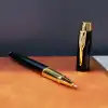 Siyah Gold Detaylı Termo Deri Defter Ve Metal Roller Kalem Hediye Seti