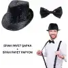Siyah Payetli Şapka ve Papyon Seti – Parıltılı Yetişkin Kostüm Seti