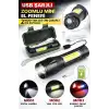 USB Şarjlı Zoomlu Mini El Feneri 3 Mod Yan COB LED Çakar Q5 Güçlü Işık Kutulu