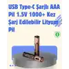 USB Type-C Şarjlı AAA Lityum Pil 1000+ Şarj Döngüsü ile Uzun Ömür