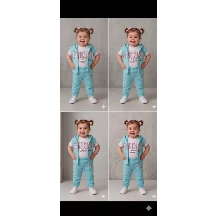 1/4 Yaş Girl Baskılı Yelekli 3lü Çocuk Takımı