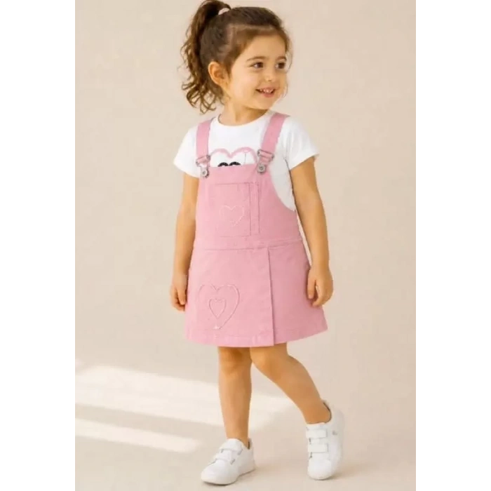 3/7 Yaş Şort Etek Keten Kalpli Salopet Çocuk Takımı