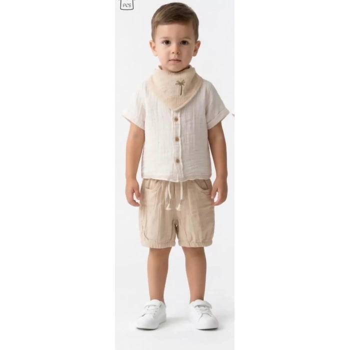 6/24 Ay Fularlı Müslin Kumaş 3lü Bebek Takımı