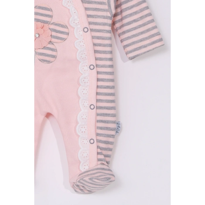 Çiçek Nakışlı % 100 Pamuk Ayaklı Kız Bebek Tulumu