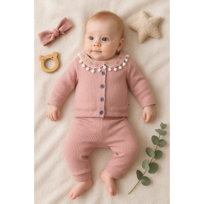 Çiçek Nakışlı Düşmeli Bandanalı Kız Bebek Takımı