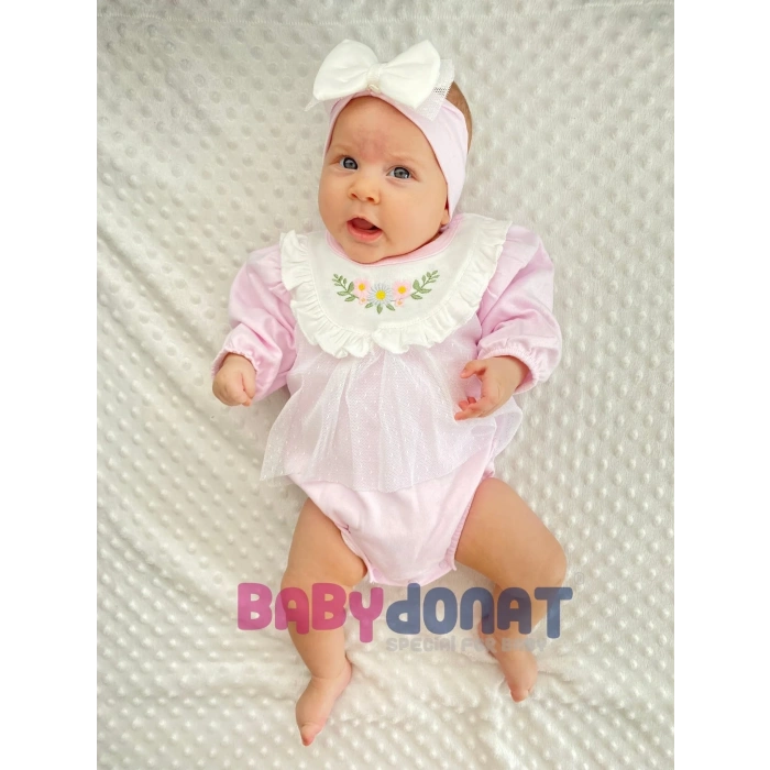 Çiçek Nakışlı Tüllü Bandanalı Kız Bebek Romper