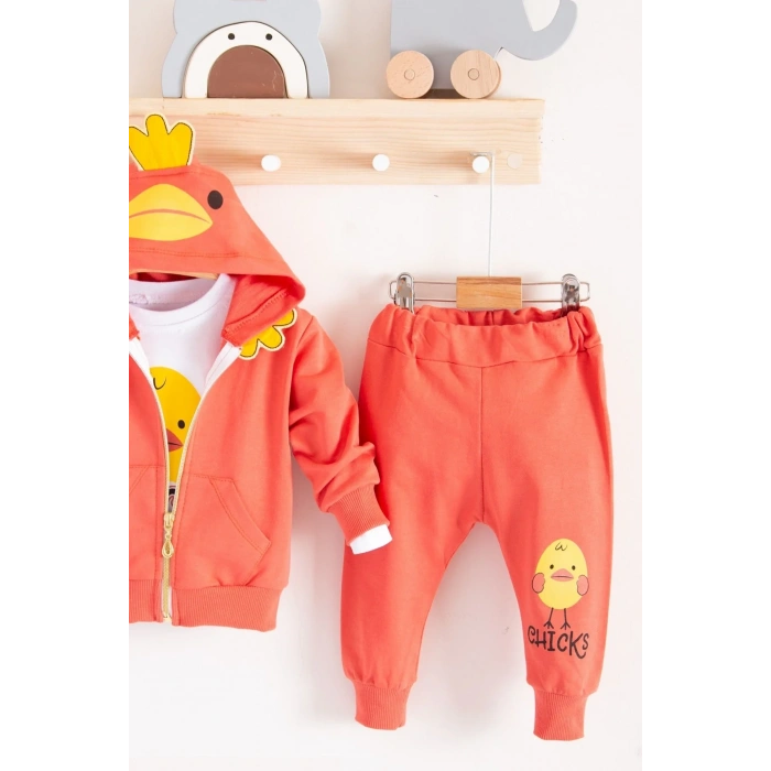 Civciv Desenli Kapişonlu 3lü Erkek Bebek Takımı