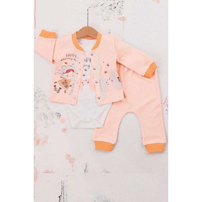 Happy Dancing Desenli 3lü Hırkalı Kız Bebek Takım