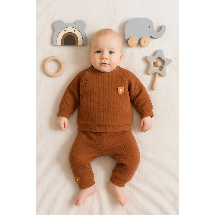 Jakarlı Omuzdan Düğmeli 2li Erkek Bebek Takımı