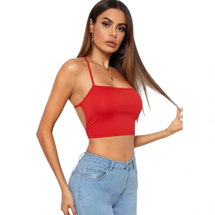 Kadın Sırtı Açık Kırmızı Belden Bağlamalı Crop Büstiyer