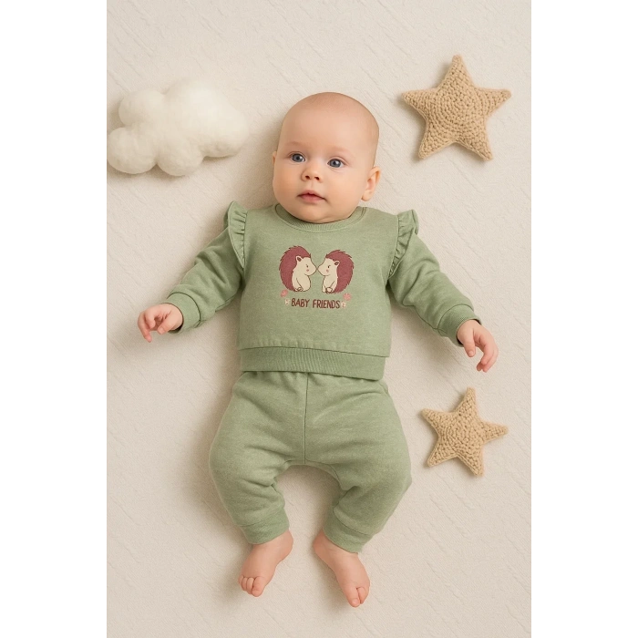 Kirpi Nakışlı % 100 Pamuk 2li Kız Bebek Takım